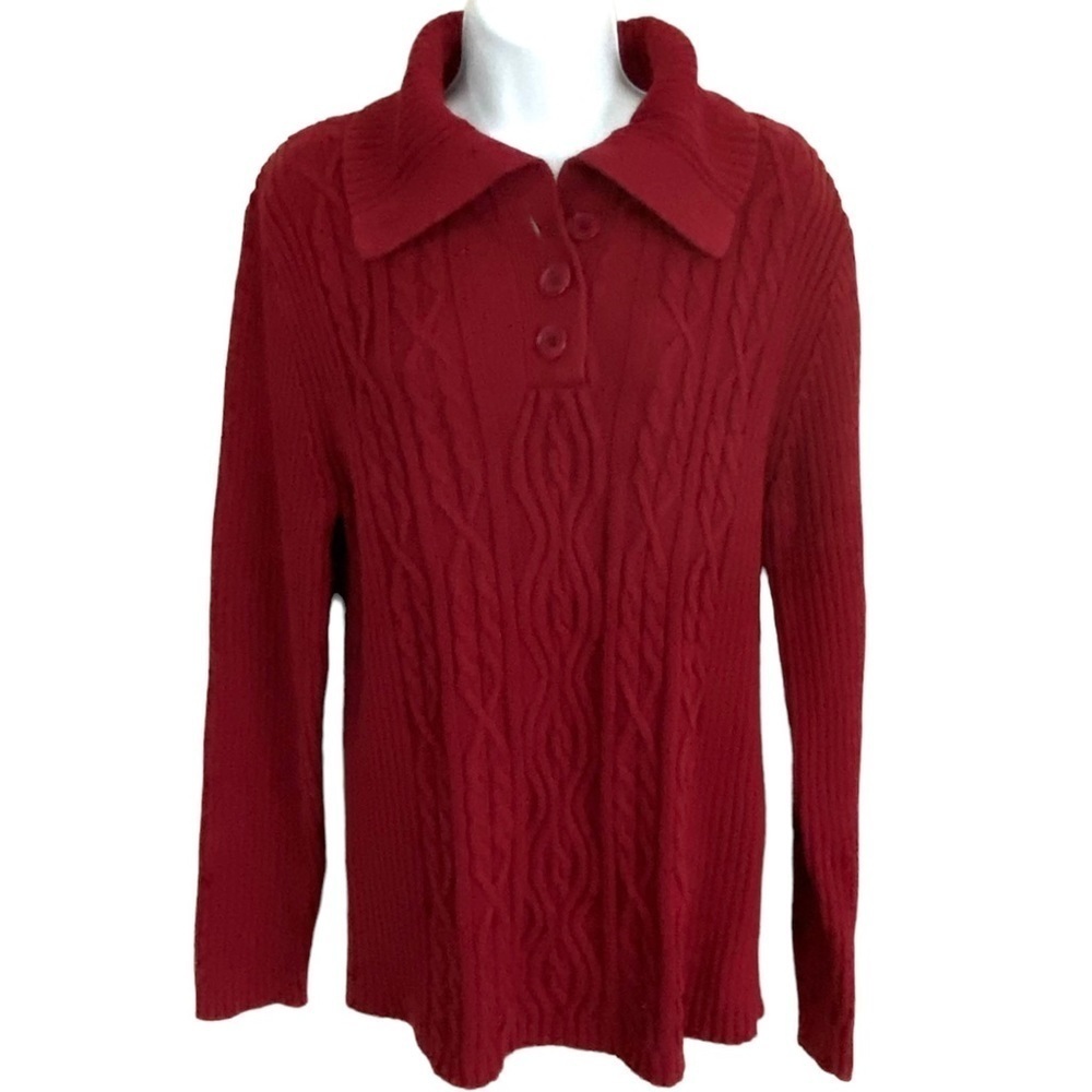Red Cotton Ribbed Cable Knit Pullover Chunky Sweater Large